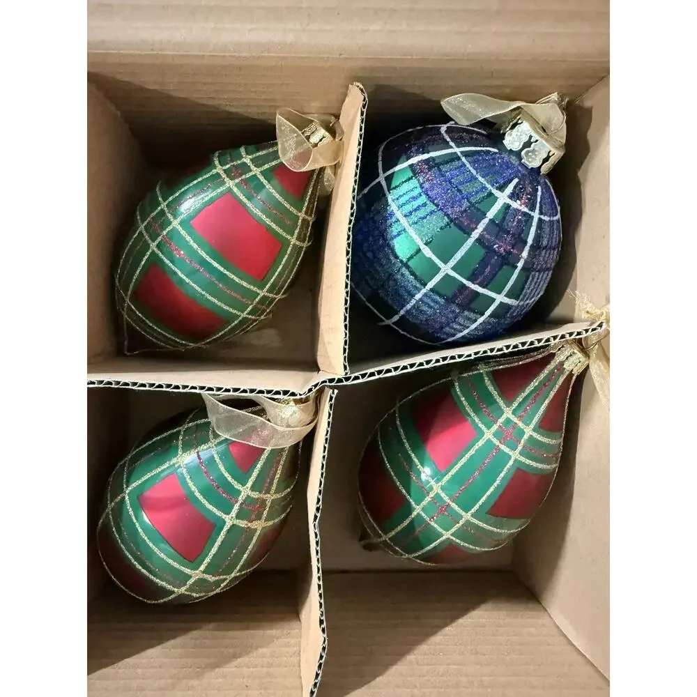 Vintage Jeffrey Banks Home Ornaments Set of 8 Large Plaid Glass Ornaments w/ Box